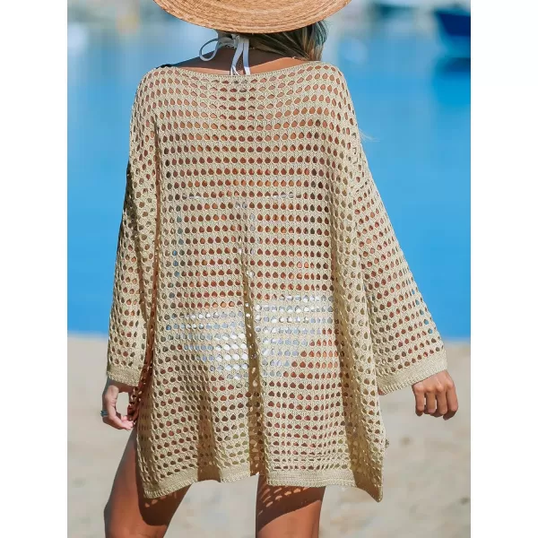 imageCUPSHE Womens Crochet Cover Up Cutout Drop Shoulder Long Sleeves Pullover Beachwear Bathing Suit 2024Apricot