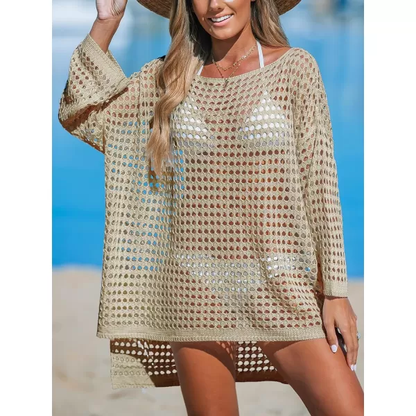 imageCUPSHE Womens Crochet Cover Up Cutout Drop Shoulder Long Sleeves Pullover Beachwear Bathing Suit 2024Apricot