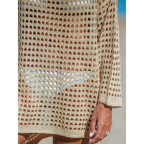 imageCUPSHE Womens Crochet Cover Up Cutout Drop Shoulder Long Sleeves Pullover Beachwear Bathing Suit 2024Apricot