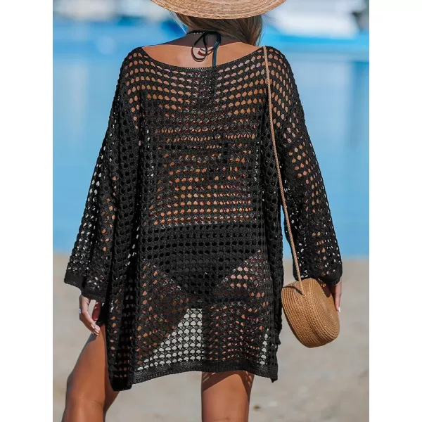 imageCUPSHE Womens Crochet Cover Up Cutout Drop Shoulder Long Sleeves Pullover Beachwear Bathing Suit 2024Black