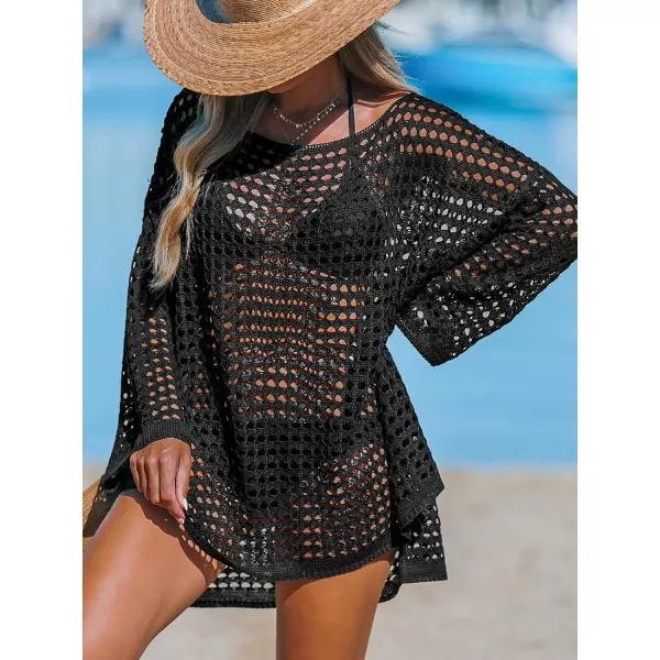 imageCUPSHE Womens Crochet Cover Up Cutout Drop Shoulder Long Sleeves Pullover Beachwear Bathing Suit 2024Black