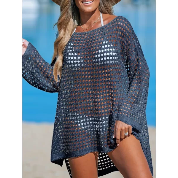 imageCUPSHE Womens Crochet Cover Up Cutout Drop Shoulder Long Sleeves Pullover Beachwear Bathing Suit 2024Deep Blue
