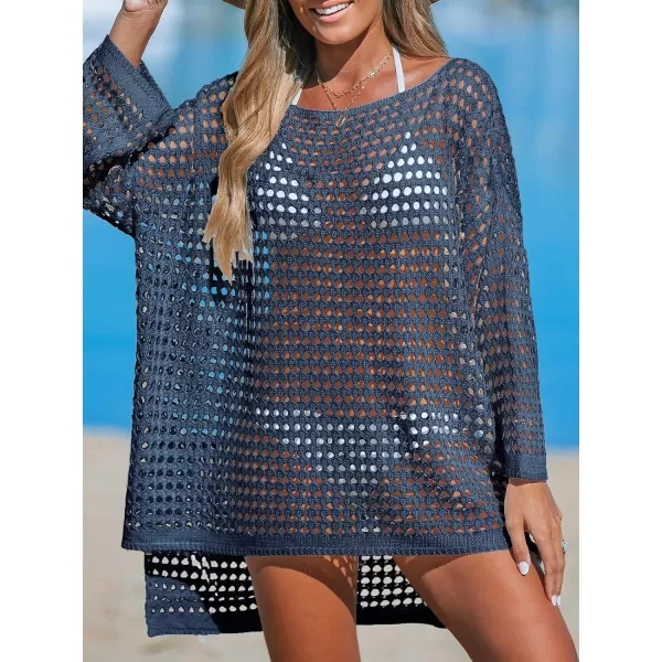 imageCUPSHE Womens Crochet Cover Up Cutout Drop Shoulder Long Sleeves Pullover Beachwear Bathing Suit 2024Deep Blue