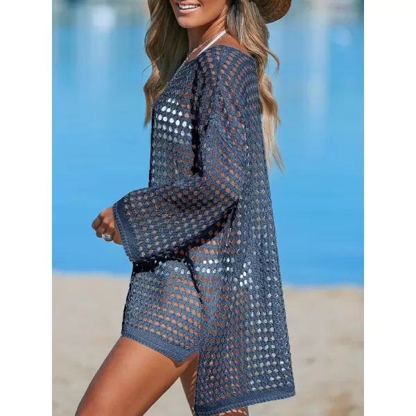 imageCUPSHE Womens Crochet Cover Up Cutout Drop Shoulder Long Sleeves Pullover Beachwear Bathing Suit 2024Deep Blue