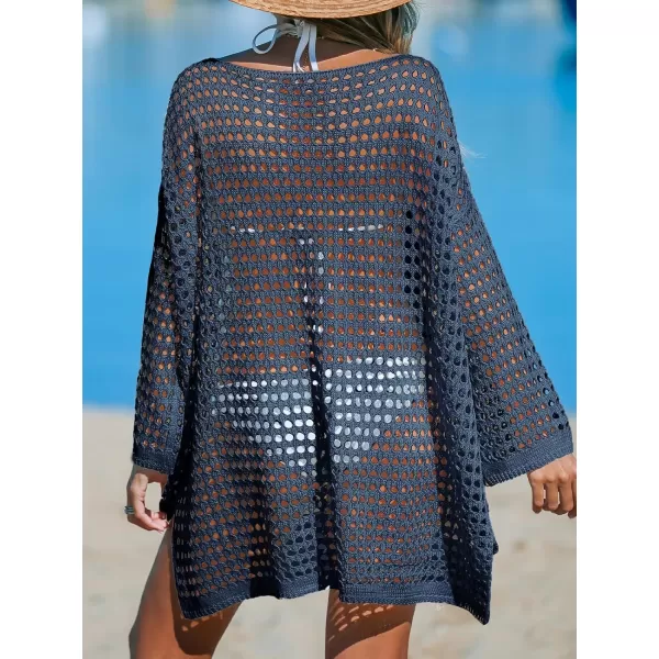 imageCUPSHE Womens Crochet Cover Up Cutout Drop Shoulder Long Sleeves Pullover Beachwear Bathing Suit 2024Deep Blue