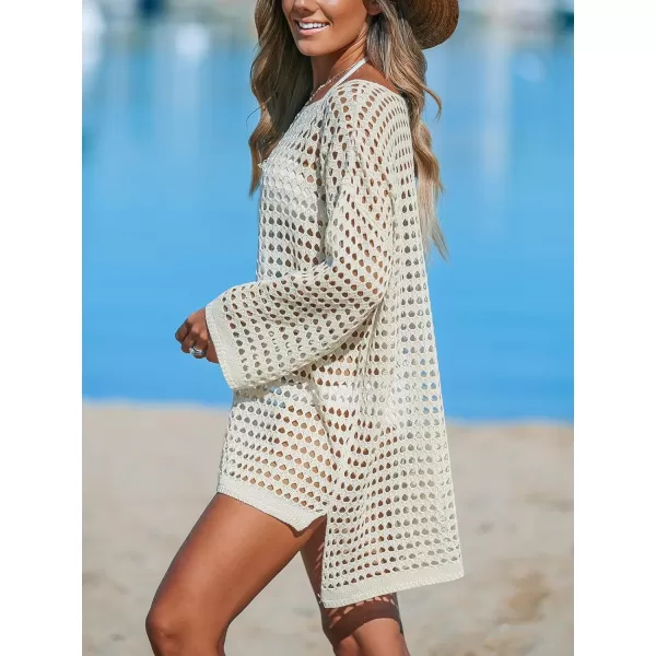 imageCUPSHE Womens Crochet Cover Up Cutout Drop Shoulder Long Sleeves Pullover Beachwear Bathing Suit 2024Sand