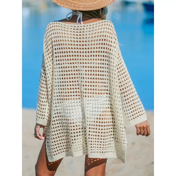 imageCUPSHE Womens Crochet Cover Up Cutout Drop Shoulder Long Sleeves Pullover Beachwear Bathing Suit 2024Sand