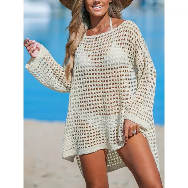 imageCUPSHE Womens Crochet Cover Up Cutout Drop Shoulder Long Sleeves Pullover Beachwear Bathing Suit 2024Sand