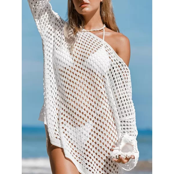 imageCUPSHE Womens Crochet Cover Up Cutout Drop Shoulder Long Sleeves Pullover Beachwear Bathing Suit 2024White