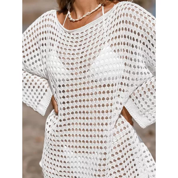 imageCUPSHE Womens Crochet Cover Up Cutout Drop Shoulder Long Sleeves Pullover Beachwear Bathing Suit 2024White