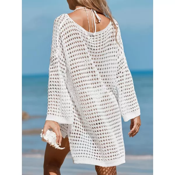 imageCUPSHE Womens Crochet Cover Up Cutout Drop Shoulder Long Sleeves Pullover Beachwear Bathing Suit 2024White