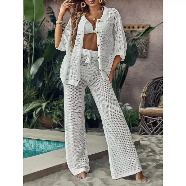 imageCUPSHE Womens Crochet Cover Up Set Button Down Hollow Out Top Long Net Pant 2 Piece BeachwearWhite