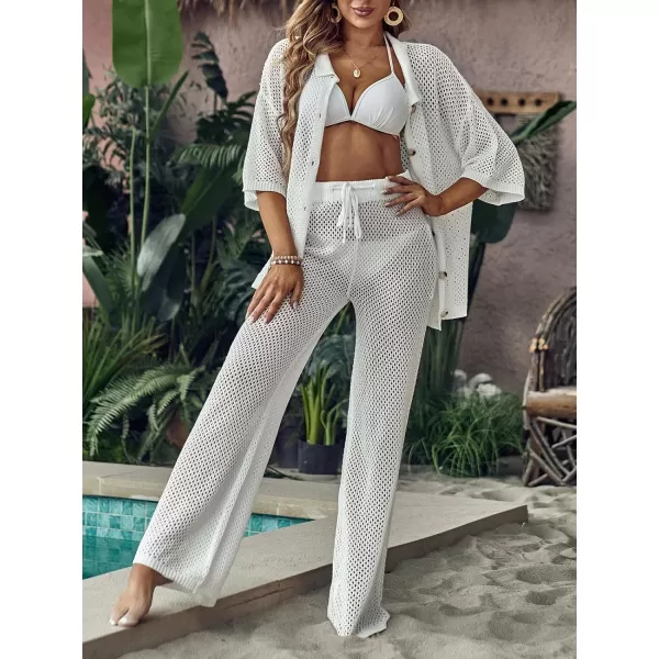 imageCUPSHE Womens Crochet Cover Up Set Button Down Hollow Out Top Long Net Pant 2 Piece BeachwearWhite
