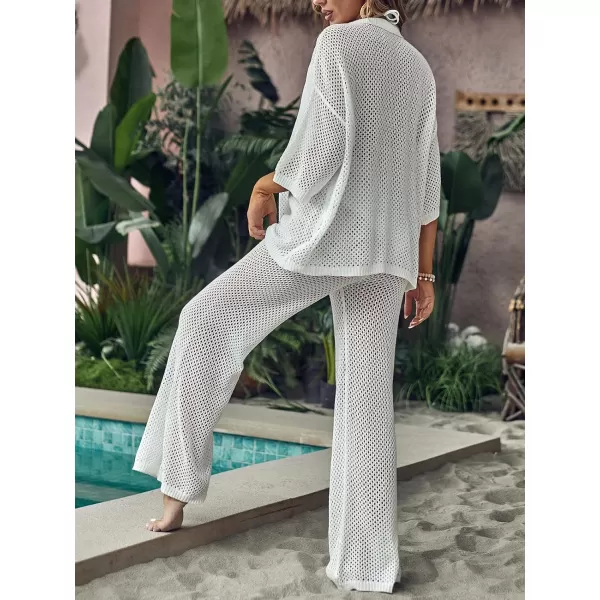 imageCUPSHE Womens Crochet Cover Up Set Button Down Hollow Out Top Long Net Pant 2 Piece BeachwearWhite