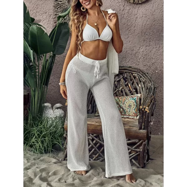 imageCUPSHE Womens Crochet Cover Up Set Button Down Hollow Out Top Long Net Pant 2 Piece BeachwearWhite