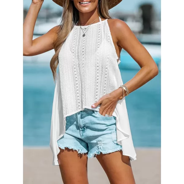 imageCUPSHE Womens Crochet Cover Up Swim Beach Cover Up Sleeveless Tunic Top Asymmetric Hem BeachwearWhite