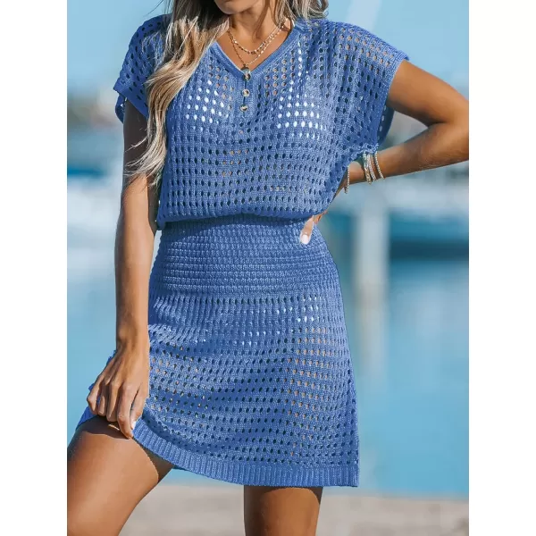 imageCUPSHE Womens Crochet Cover Up Swimwear Mini Dress Short Sleeve V Neck BeachwearBlue