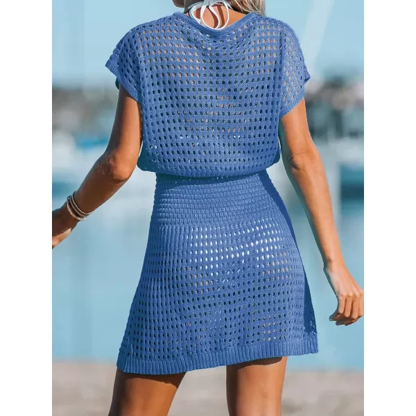 imageCUPSHE Womens Crochet Cover Up Swimwear Mini Dress Short Sleeve V Neck BeachwearBlue