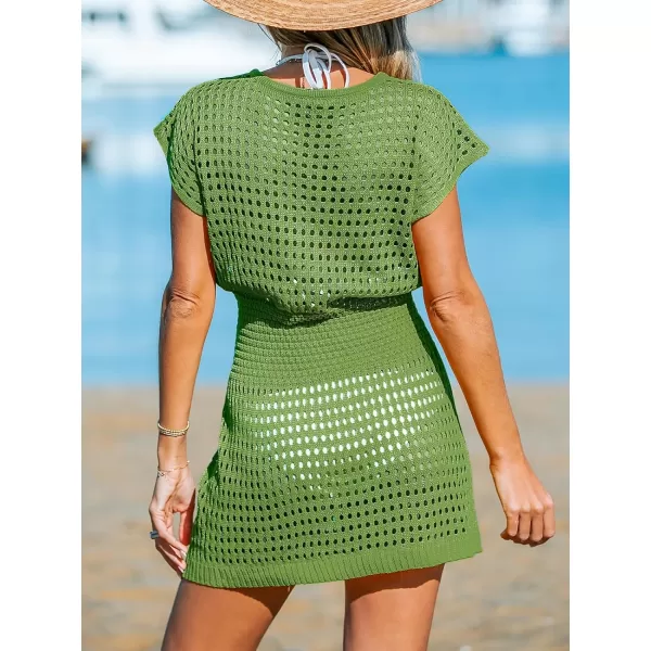 imageCUPSHE Womens Crochet Cover Up Swimwear Mini Dress Short Sleeve V Neck BeachwearGrass Green