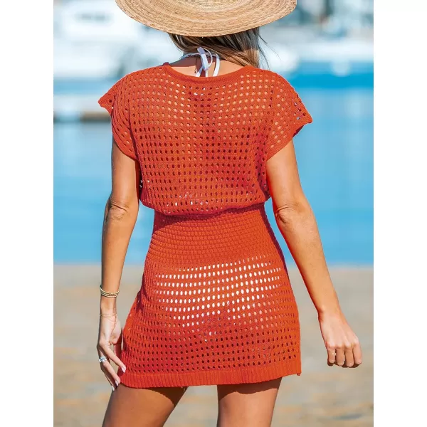 imageCUPSHE Womens Crochet Cover Up Swimwear Mini Dress Short Sleeve V Neck BeachwearRed Orange