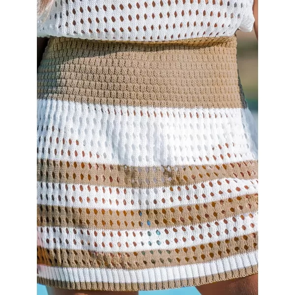 imageCUPSHE Womens Crochet Cover Up Swimwear Mini Dress Short Sleeve V Neck BeachwearStriped Brown