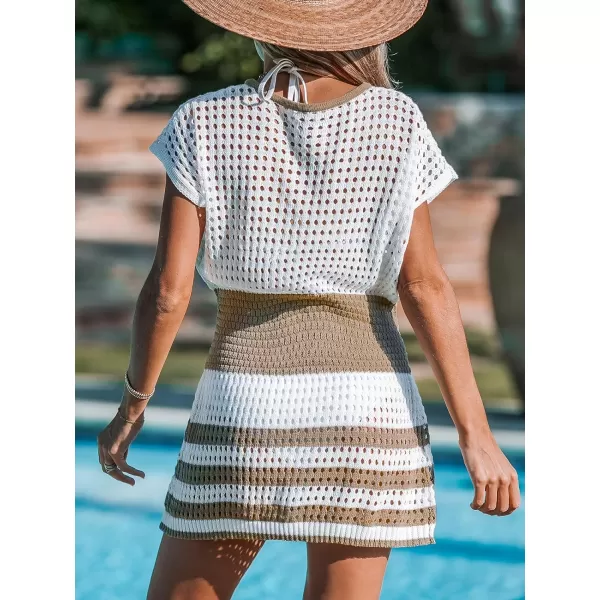 imageCUPSHE Womens Crochet Cover Up Swimwear Mini Dress Short Sleeve V Neck BeachwearStriped Brown
