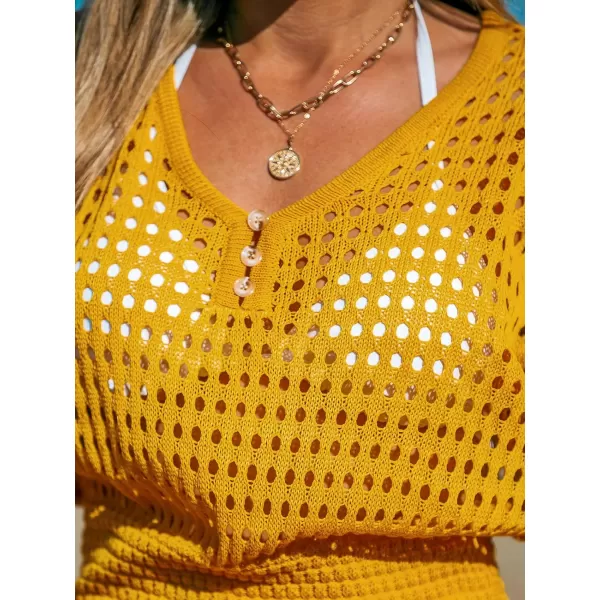 imageCUPSHE Womens Crochet Cover Up Swimwear Mini Dress Short Sleeve V Neck BeachwearYellow
