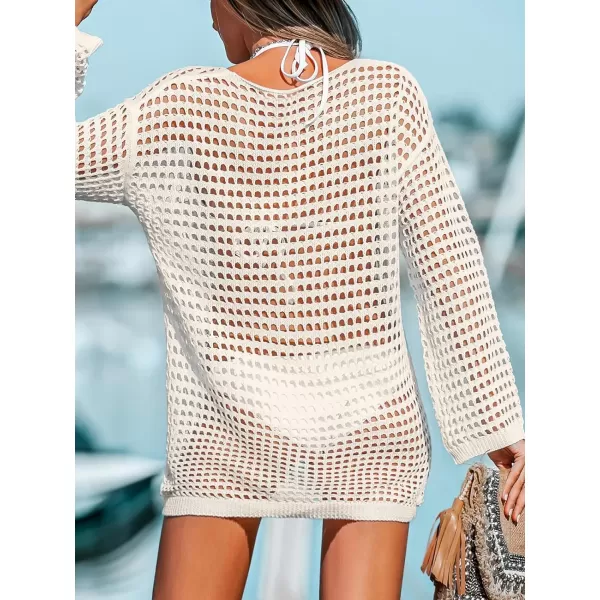 imageCUPSHE Womens Crochet Cover Up Swimwear Scoop Neck Long Sleeve Boho Tunic Tops Beachwear 2024Beige