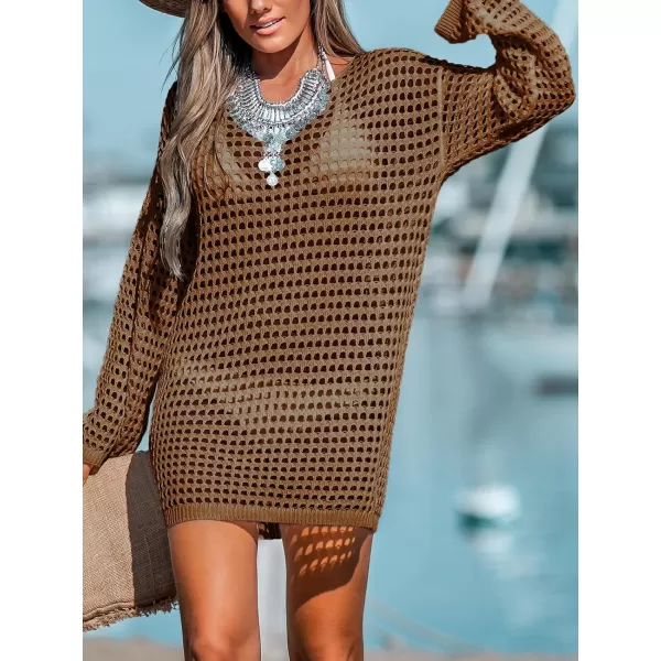 imageCUPSHE Womens Crochet Cover Up Swimwear Scoop Neck Long Sleeve Boho Tunic Tops Beachwear 2024Brown