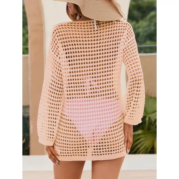 imageCUPSHE Womens Crochet Cover Up Swimwear Scoop Neck Long Sleeve Boho Tunic Tops Beachwear 2024Peach Pink