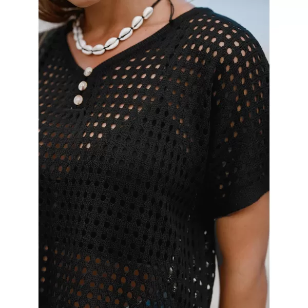 imageCUPSHE Womens Crochet Cover Up Tops Hollow Out Short Sleeve Swimsuit Coverups Button V Neck Mesh Crop TopBlack