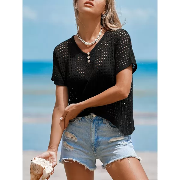 imageCUPSHE Womens Crochet Cover Up Tops Hollow Out Short Sleeve Swimsuit Coverups Button V Neck Mesh Crop TopBlack