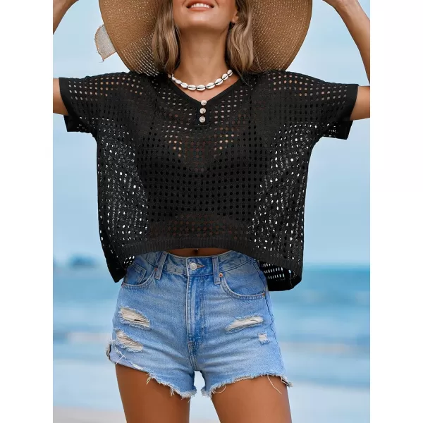 imageCUPSHE Womens Crochet Cover Up Tops Hollow Out Short Sleeve Swimsuit Coverups Button V Neck Mesh Crop TopBlack