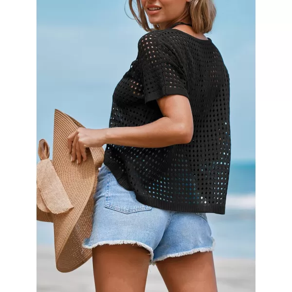 imageCUPSHE Womens Crochet Cover Up Tops Hollow Out Short Sleeve Swimsuit Coverups Button V Neck Mesh Crop TopBlack
