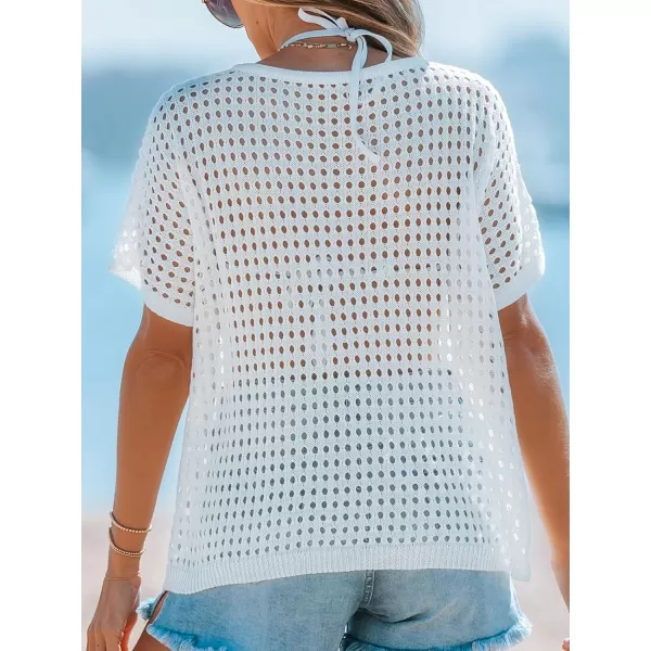 imageCUPSHE Womens Crochet Cover Up Tops Hollow Out Short Sleeve Swimsuit Coverups Button V Neck Mesh Crop TopWhite