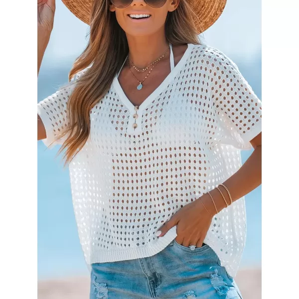 imageCUPSHE Womens Crochet Cover Up Tops Hollow Out Short Sleeve Swimsuit Coverups Button V Neck Mesh Crop TopWhite