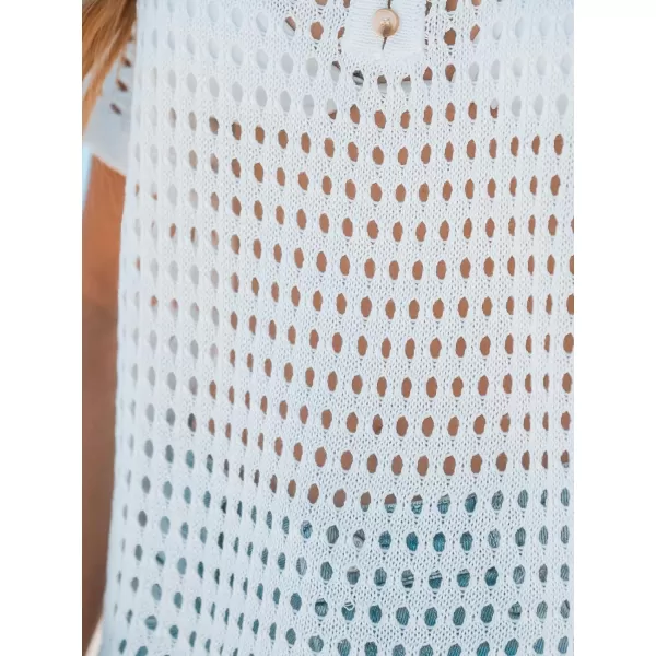 imageCUPSHE Womens Crochet Cover Up Tops Hollow Out Short Sleeve Swimsuit Coverups Button V Neck Mesh Crop TopWhite