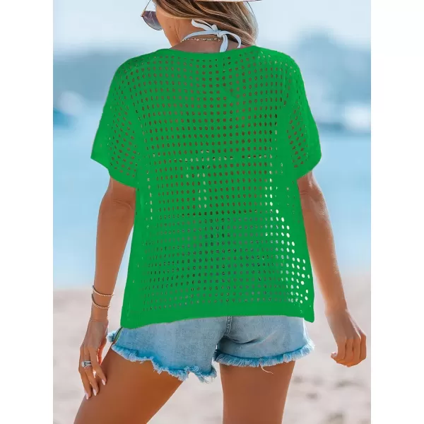 imageCUPSHE Womens Crochet Cover Up Tops Hollow Out Short Sleeve Swimsuit Coverups Knit Mesh Pullover TopGreen