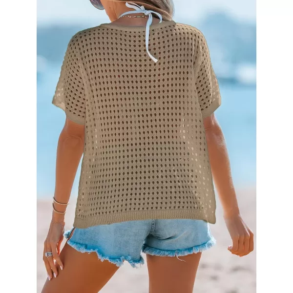 imageCUPSHE Womens Crochet Cover Up Tops Hollow Out Short Sleeve Swimsuit Coverups Knit Mesh Pullover TopLight Khaki