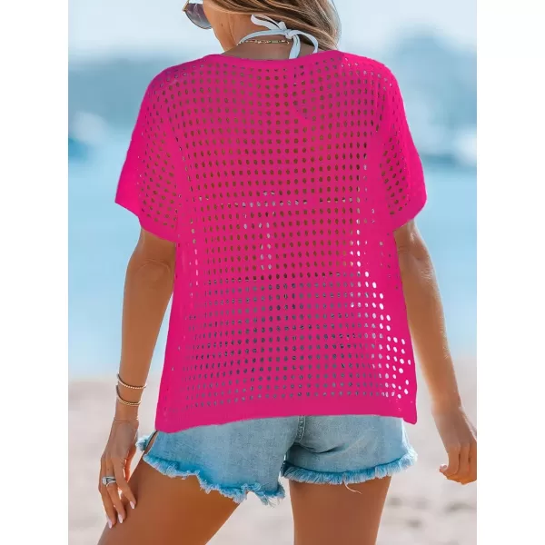 imageCUPSHE Womens Crochet Cover Up Tops Hollow Out Short Sleeve Swimsuit Coverups Knit Mesh Pullover TopRose Red