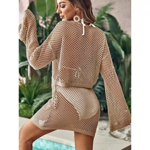 imageCUPSHE Womens Crochet Cover Ups Set Long Sleeve Hollow Out Top Mini Mesh Skirt 2 Piece Beach CoverupCamel