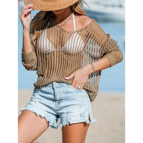imageCUPSHE Womens Crochet Cover Ups Sexy Hollow Out Swimwear Knit Pullover Beach Top Summer OutfitsBrown