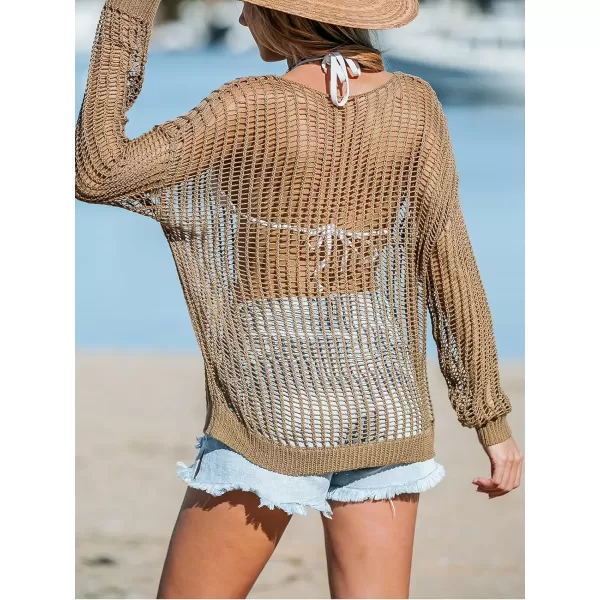 imageCUPSHE Womens Crochet Cover Ups Sexy Hollow Out Swimwear Knit Pullover Beach Top Summer OutfitsBrown