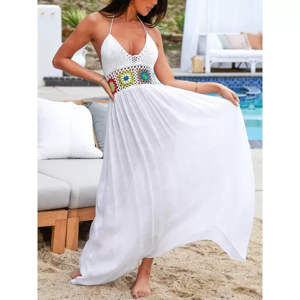imageCUPSHE Womens Crochet Cover Ups V Neck Maxi Sexy Sundress Swimwear Knit Strappy Dress Beach Summer OutfitsWhite
