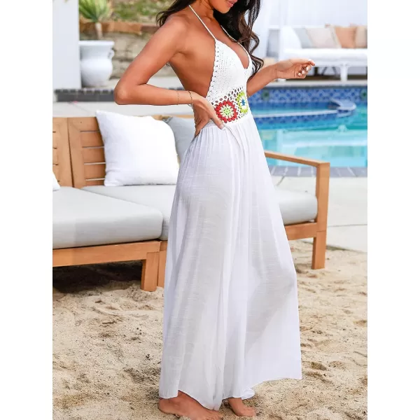 imageCUPSHE Womens Crochet Cover Ups V Neck Maxi Sexy Sundress Swimwear Knit Strappy Dress Beach Summer OutfitsWhite