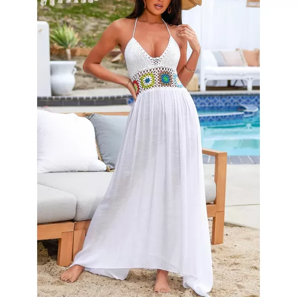 imageCUPSHE Womens Crochet Cover Ups V Neck Maxi Sexy Sundress Swimwear Knit Strappy Dress Beach Summer OutfitsWhite