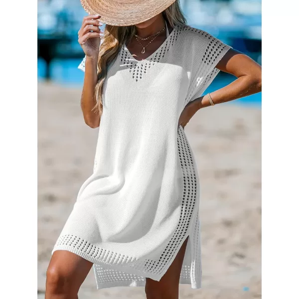 imageCUPSHE Womens Crochet Coverups Batwing Sleeves Cutout V Neck Bathing Suit Knit Beachwear Summer Dress 2024White