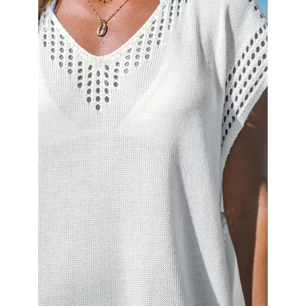 imageCUPSHE Womens Crochet Coverups Batwing Sleeves Cutout V Neck Bathing Suit Knit Beachwear Summer Dress 2024White