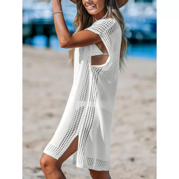 imageCUPSHE Womens Crochet Coverups Batwing Sleeves Cutout V Neck Bathing Suit Knit Beachwear Summer Dress 2024White