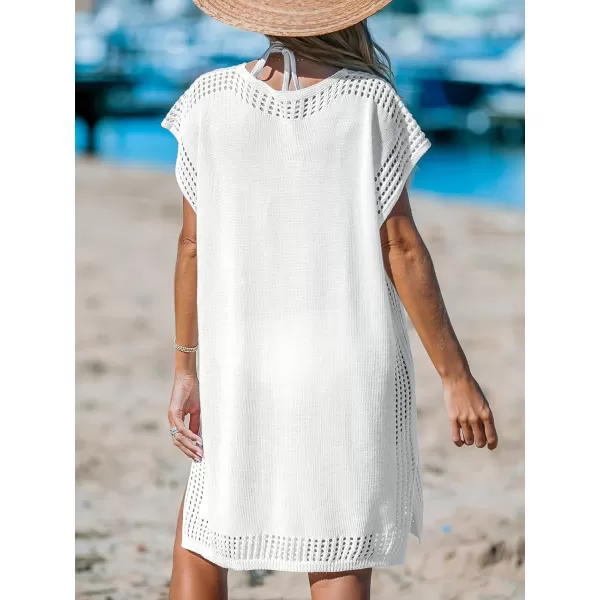 imageCUPSHE Womens Crochet Coverups Batwing Sleeves Cutout V Neck Bathing Suit Knit Beachwear Summer Dress 2024White
